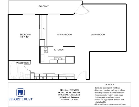 A floor plan of a Bel Gal Estates Doric Apartments 02 Series Bedroom.